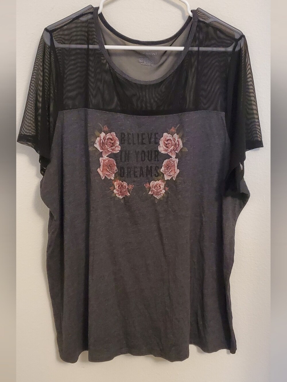 Lane Bryant Black Mesh Yoke Tee with Pink Floral Graphic Believe In Your Dreams